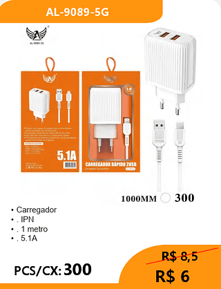 CARREGADOR LIGHTNING PCS/CX:300 R$ 6
