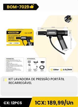 KIT LAVADORA DE PRESSÃO PORTÁTIL RECARREGÁVEL CX: 12PCS 1CX: 189,99/Un
