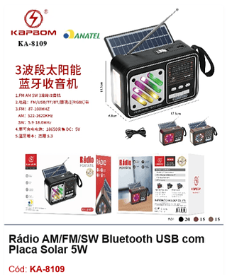 Rádio AM/FM/SW Bluetooth USB com Placa Solar 5W R$45 PCS/CX:50