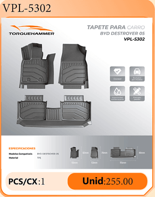 TAPETE PARA CARRO BYD DESTROYER 05 PCS/CX:1 Unid:255.00