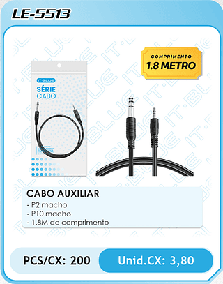 CABO AUXILIAR - P2 macho - P10 macho - 1.8M de comprimento PCS/CX: 200 Unid.CX: 3,80