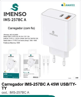 Carregador 45W USB/TY-TY 100PC/CX R$28,8