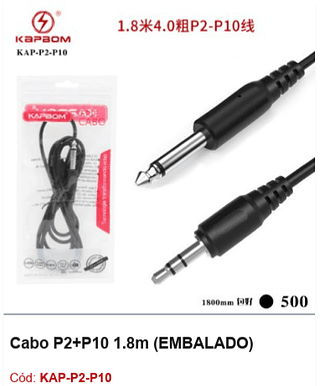 Cabo P2+P10 1.8m R$ 3,15 PCS/CX:500