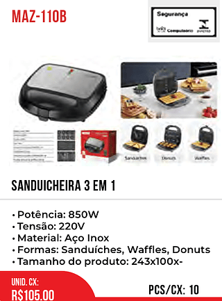 Sanduicheira 3 em 1 220V 10pç=105$