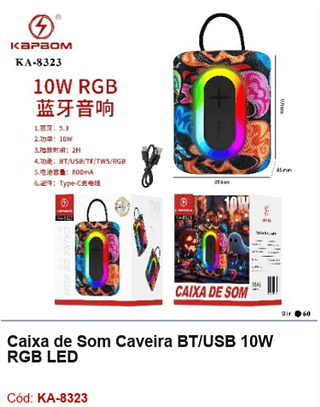 Caixa de Som Caveira BT/USB 10W RGB LED R$25,2 PCS/CX:60