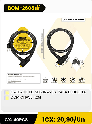 CADEADO DE SEGURANÇA PARA BICICLETA COM CHAVE 1.2M CX: 40PCS 1CX: 20,90/Un