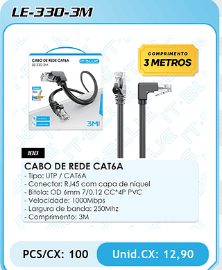 CABO DE REDE CAT6A - Tipo: UTP / CAT6A - Conector: RJ45 com capa de níquel - Bitola: OD 6mm 7/0.12 CC*4P PVC - Velocidade: 1000Mbps - Largura de banda: 250Mhz - Comprimento: 3M PCS/CX: 100 Unid.CX: 12,90