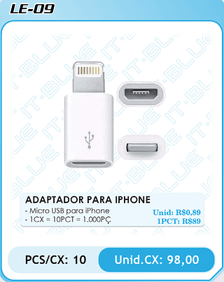 ADAPTADOR PARA IPHONE PCS/CX: 10 Unid.CX: 98,00
