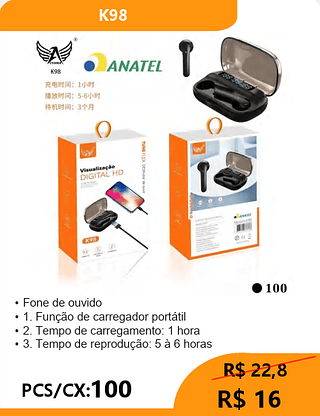 FONE BLUETOOTH PCS/CX:100 R$16