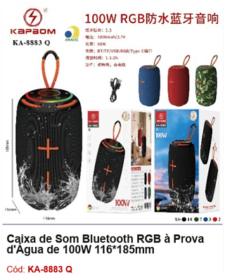 Caixa de Som Bluetooth RGB à Prova d'Água de 100W R$67,5 PCS/CX:30