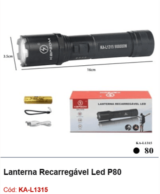Lanterna Recarregável Led P80 R$ 40,5 PCS/Cx: 80