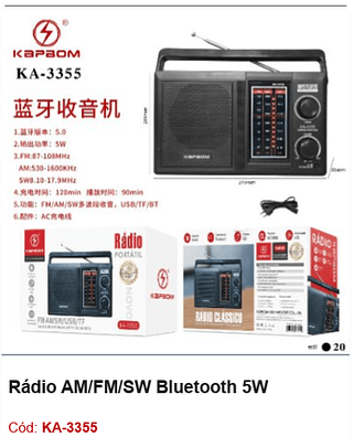 Rádio AM/FM/SW Bluetooth 5W R$76,5 PCS/CX:20
