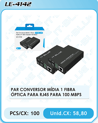 PAR CONVERSOR MÍDIA 1 FIBRA ÓPTICA PARA RJ45 PARA 100 MBPS PCS/CX: 100 Unid.CX: 58,80