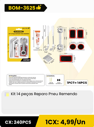 Kit 14 peças Reparo Pneu Remendo CX: 240PCS 1CX: 4,99/Un