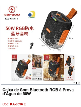 Caixa de Som Bluetooth RGB à Prova d'Água de 50W R$35,1 PCS/CX:60