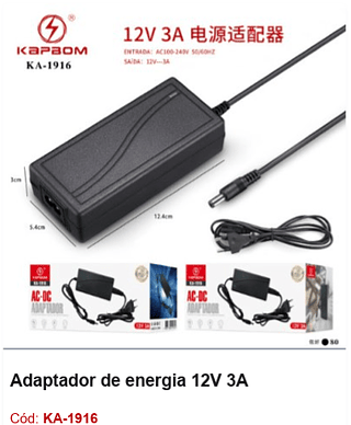 Adaptador de energia 12V 3A R$ 15,3 PCS/Cx: 80