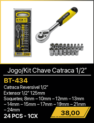 Jogo/Kit Chave Catraca 1/2” 24PCS R$38,00