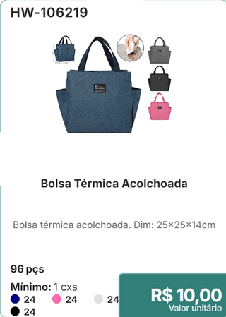 Bolsa Térmica Acolchoada 96 pçsR$ 10,00