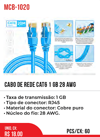 CABO DE REDE CAT6 1 GB 28 AWG 60pç=18$
