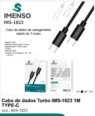 Cabo de dados Turbo 1M TYPE-C 200PC/CX R$5,4