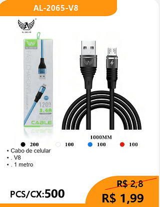Cabo de celular V8 PCS/CX:500 R$ 1,99