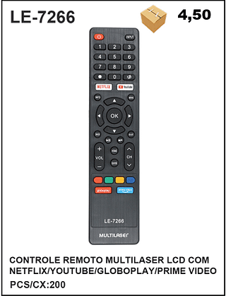 CONTROLE REMOTO MULTILASER LCD COM NETFLIX/YOUTUBE/GLOBOPLAY/PRIME VIDEO 200PÇ=4,5$