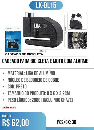 CADEADO PARA BICICLETA E MOTO COM ALARME PCS/CX: 30 UNID. CX: r$ 62,00