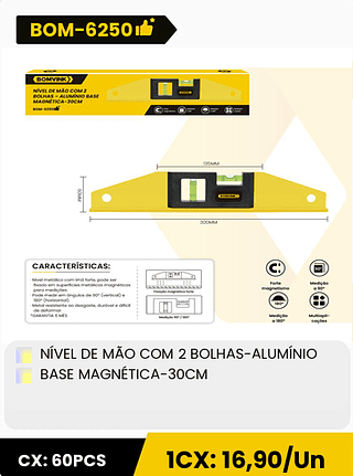NÍVEL DE MÃO COM 2 BOLHAS-ALUMÍNIO BASE MAGNÉTICA-30CM CX: 60PCS 1CX: 16,90/Un