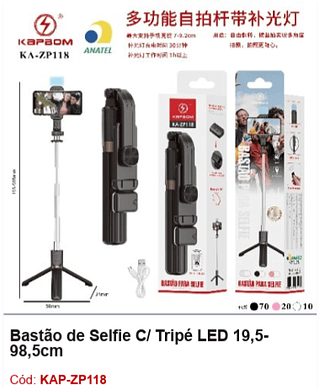 Bastão de Selfie C/ Tripé LED 19,598,5cm R$ 14,4 PCS/cx:100