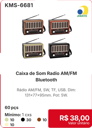 Caixa de Som Radio AM/FM Bluetooth 60 pçs R$ 38.00
