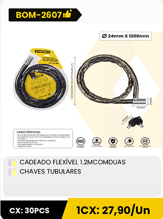 CADEADO FLEXÍVEL 1.2MCOMDUAS CHAVES TUBULARES CX: 30PCS 1CX: 27,90/Un