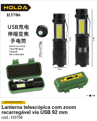 Lanterna telescópica com zoom recarregável via USB 92 mm R$ 8,1 PC/CX:240