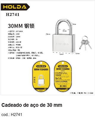 Cadeado de aço de 30 mm R$ 18 PC/CX:144
