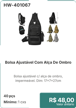 Bolsa Ajustável Com Alça De Ombro 40 pçs R$ 48,00