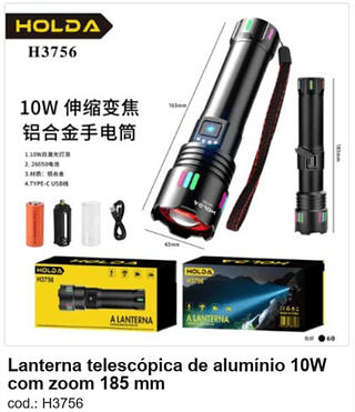 Lanterna telescópica de alumínio 10W com zoom 185 mm R$ 38,7 PC/CX:60