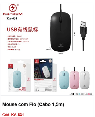 Mouse com Fio (Cabo 1,5m) R$6,12 PCS/Cx:200