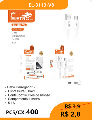 CABO V8 PCS/CX:400 R$2,8