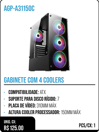 GABINETE COM 4 COOLERS UNID. CX: R$ 125.00 PCS/CX: 1