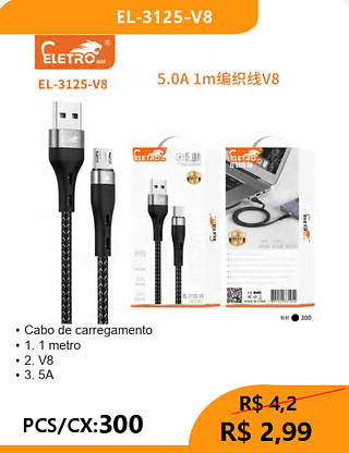 CABO V8 PCS/CX:300 R$2,99