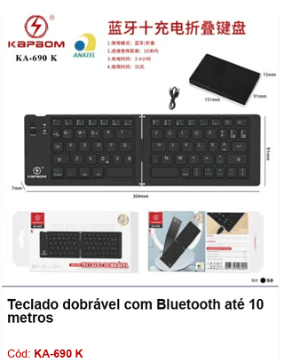 Teclado dobrável com Bluetooth até 10 metros R$29,7 PCS/Cx:80