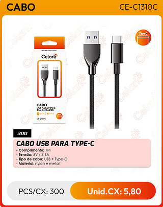 CABO USB PARA TYPE-C PCS/CX: 300 Unid.CX: 5,80