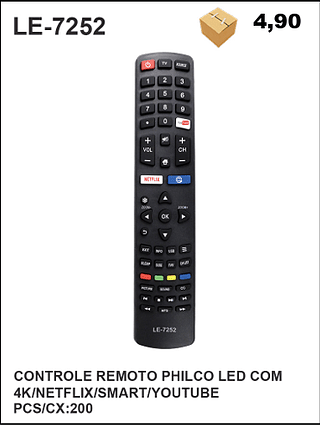 CONTROLE REMOTO PHILCO LED COM 4K/NETFLIX/SMART/YOUTUBE 200PÇ=4,9$