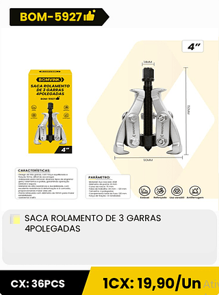 SACA ROLAMENTO DE 3 GARRAS 4POLEGADAS CX: 36PCS 1CX: 19,90/Un