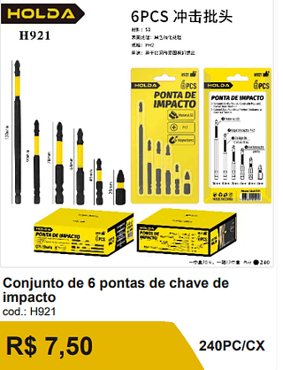 Conjunto de 6 pontas de chave de impacto R$6.75 240PC/CX
