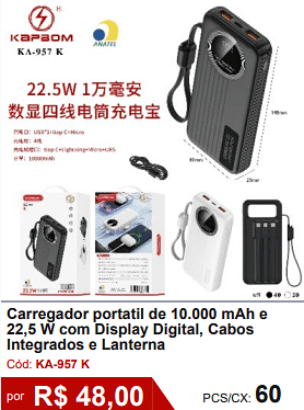 Carregador portatil de 10.000 mAh e 22,5 W com Display Digital, Cabos Integrados e Lanterna R$ 43.20 PCS/CX: 60