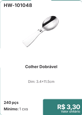 Colher Dobrável 240 pçs R$ 3,30