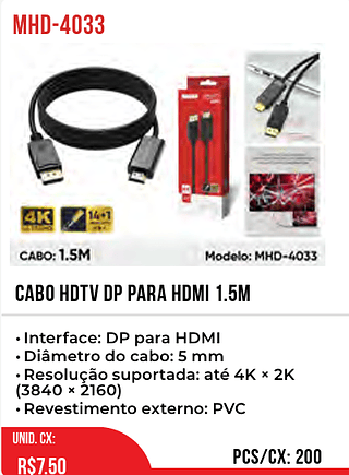 Cabo HDTV DP PARA HDMI 1.5M 200pç=7,5$