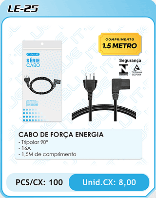 CABO DE FORÇA ENERGIA - Tripolar 90° -16A - 1,5M de comprimento PCS/CX: 100 Unid.CX: 8,00