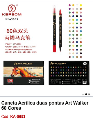 Caneta Acrílica duas pontas Art Walker 60 Cores R$ 66,6 PCS/CX: 20