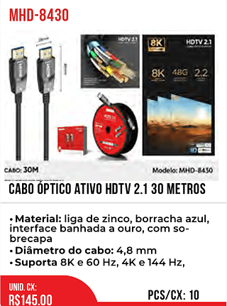 CABO ÓPTICO ATIVO HDTV 2.1 30 metros 10pç=145$